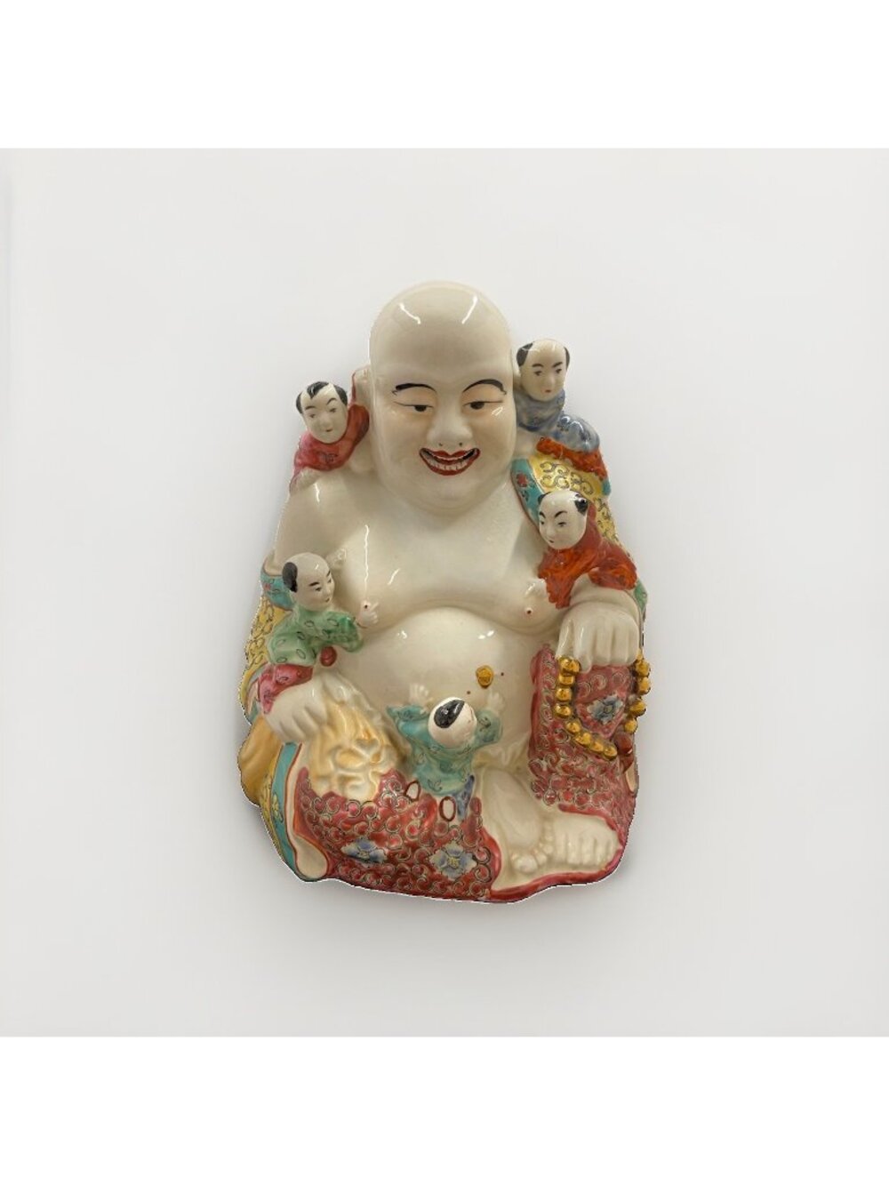 Hand Painted Porcelain Happy Buddha Statue w/ 5 Children Made in Hong Kong